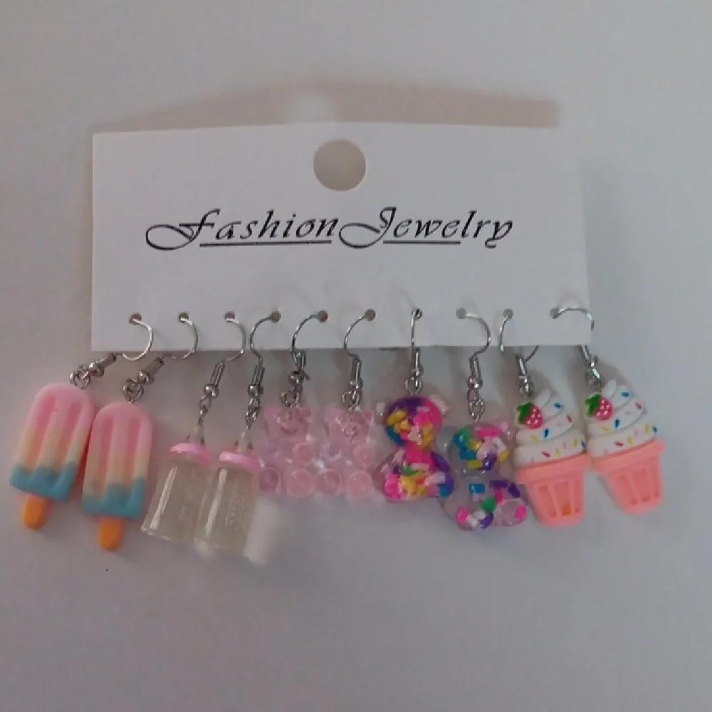 5 Pairs Girly Cute Pink Popsicle, Cupcake & Charm Earring Set